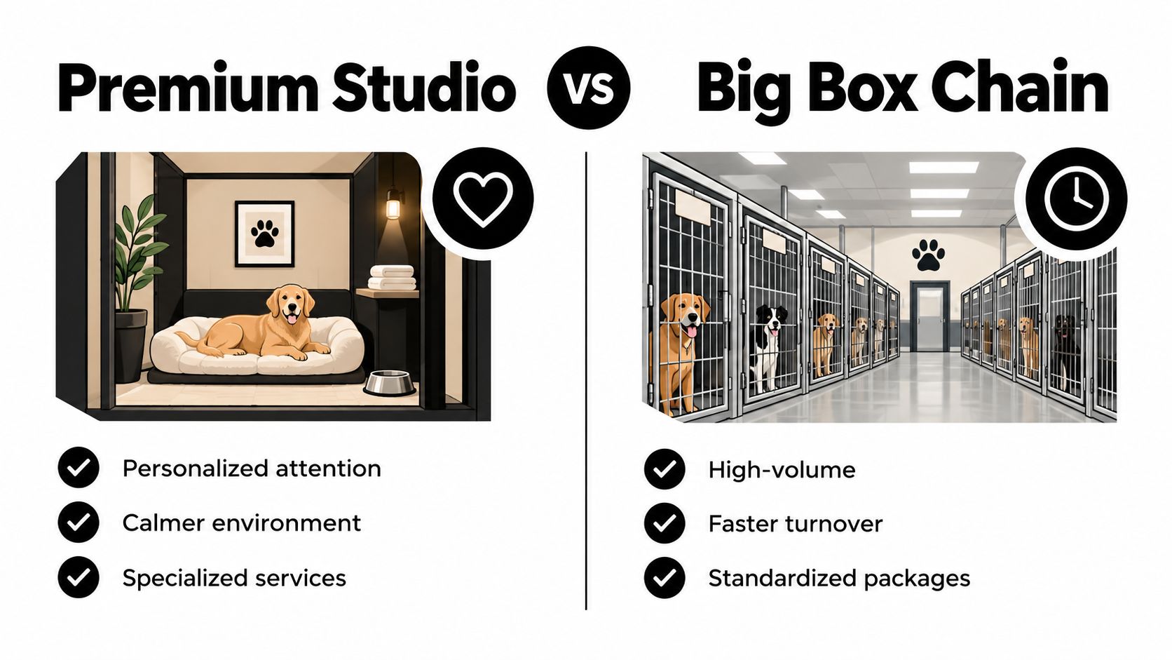 A comparison between a cozy luxury dog grooming studio and a large, high-volume pet boarding chain facility.