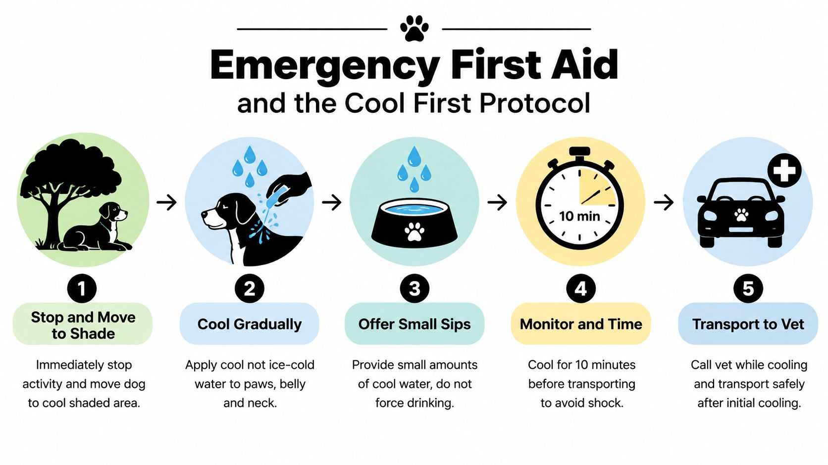 A five-step infographic showing emergency first aid protocol for treating heat stress in a dog.