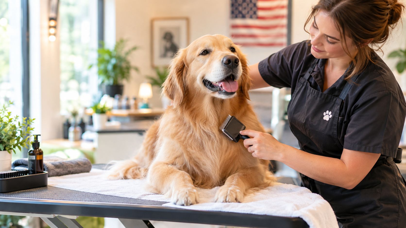 A professional groomer brushing a happy golden retriever on a grooming table at a pet salon.