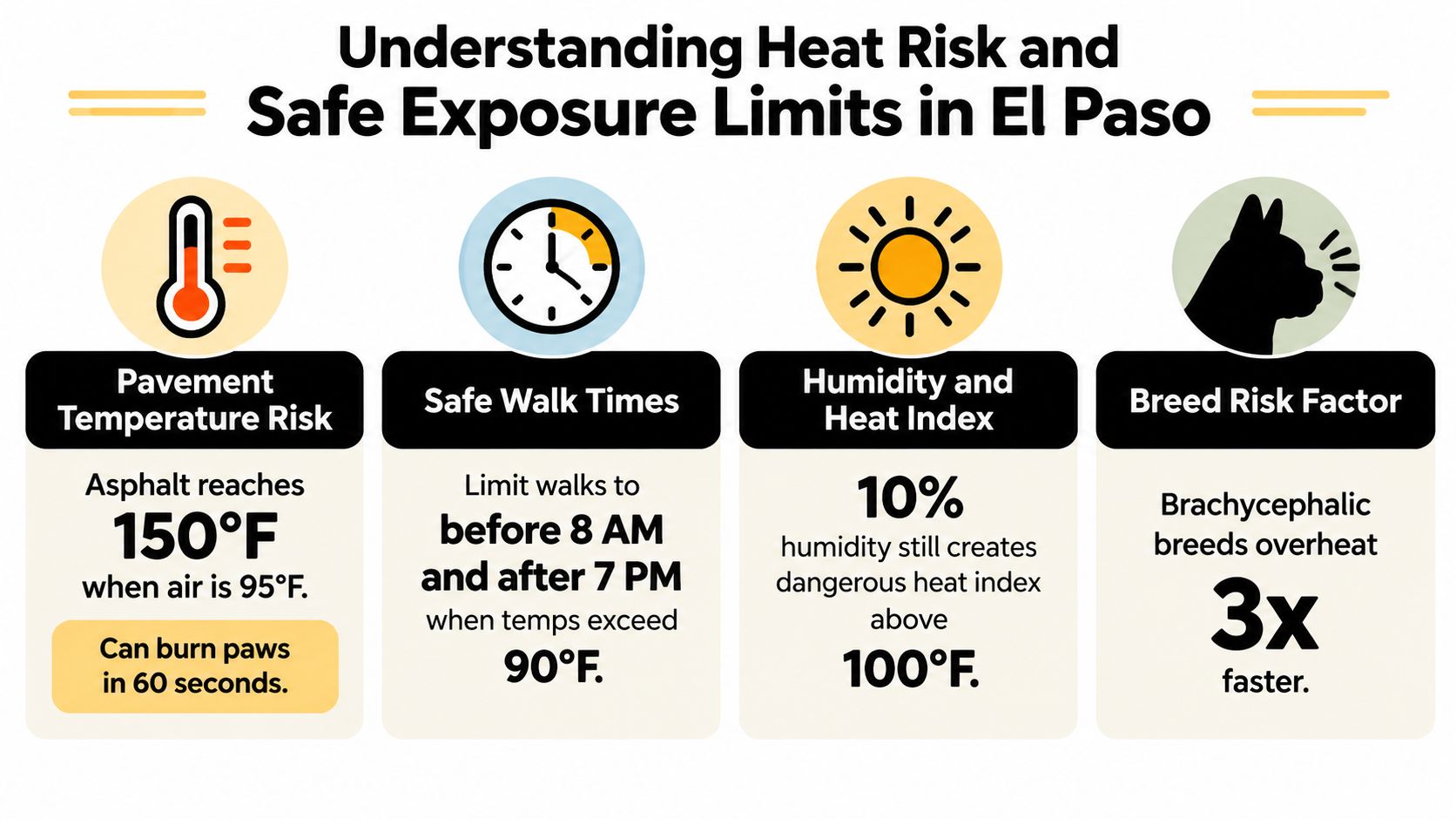 An infographic detailing heat risk and safe walking guidelines for pets during hot weather in El Paso.