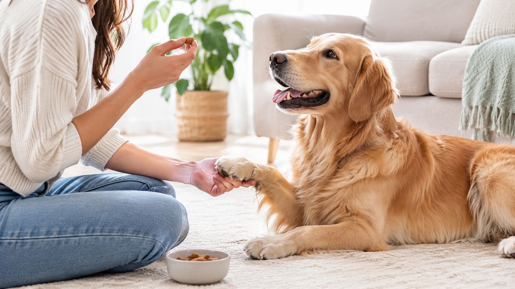 A young woman sits on the floor training her golden retriever dog by offering a small treat.