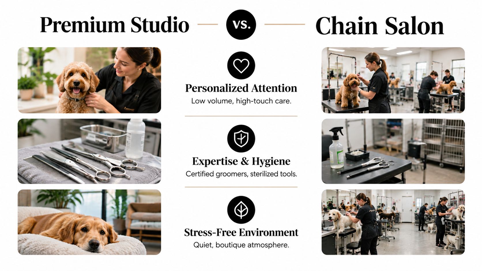 A comparison infographic between a calm, personalized premium pet grooming studio and a busy chain grooming salon.