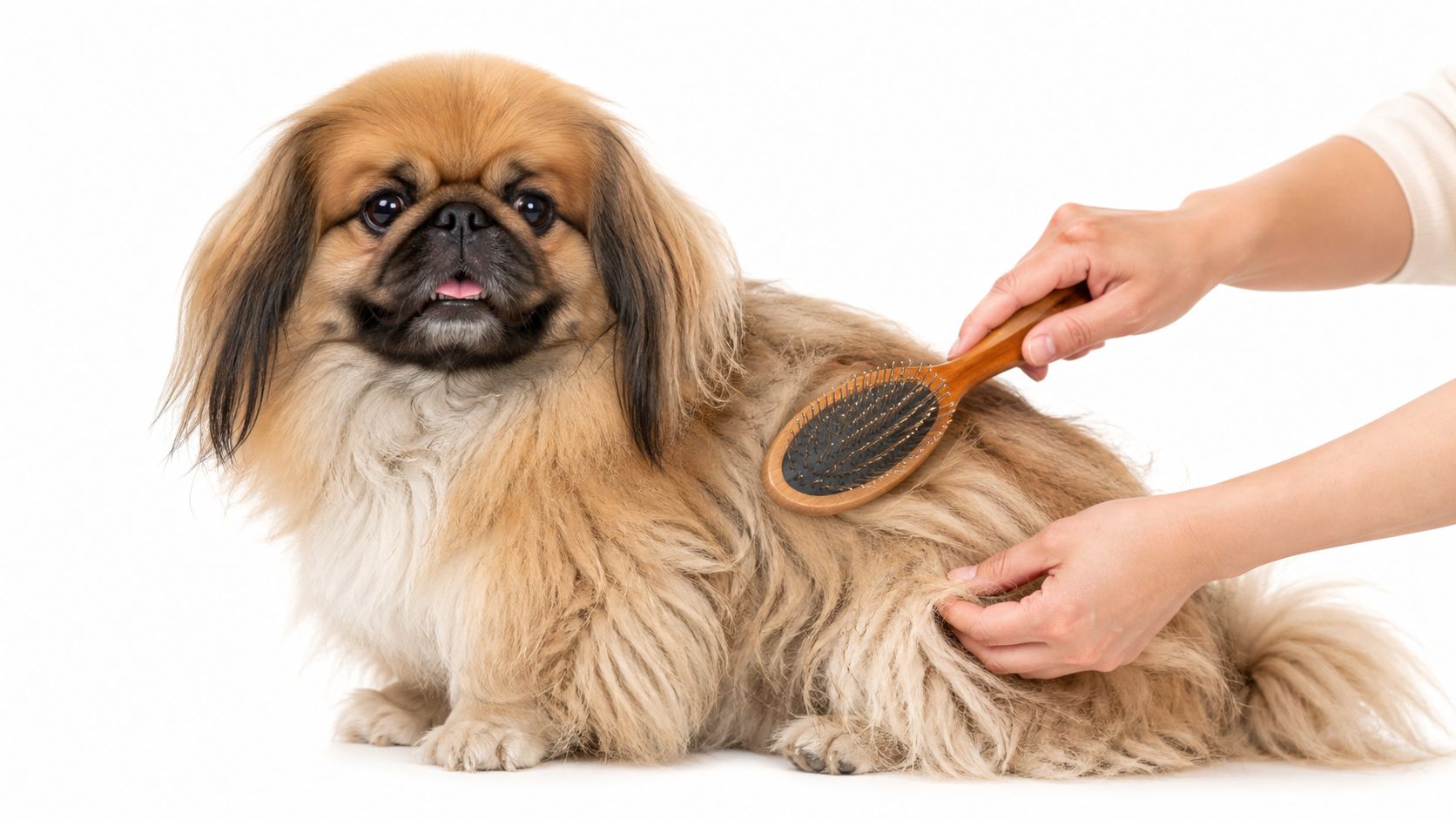 A groomer gently brushes the long, thick fur of a fluffy brown Pekingese dog on white background.