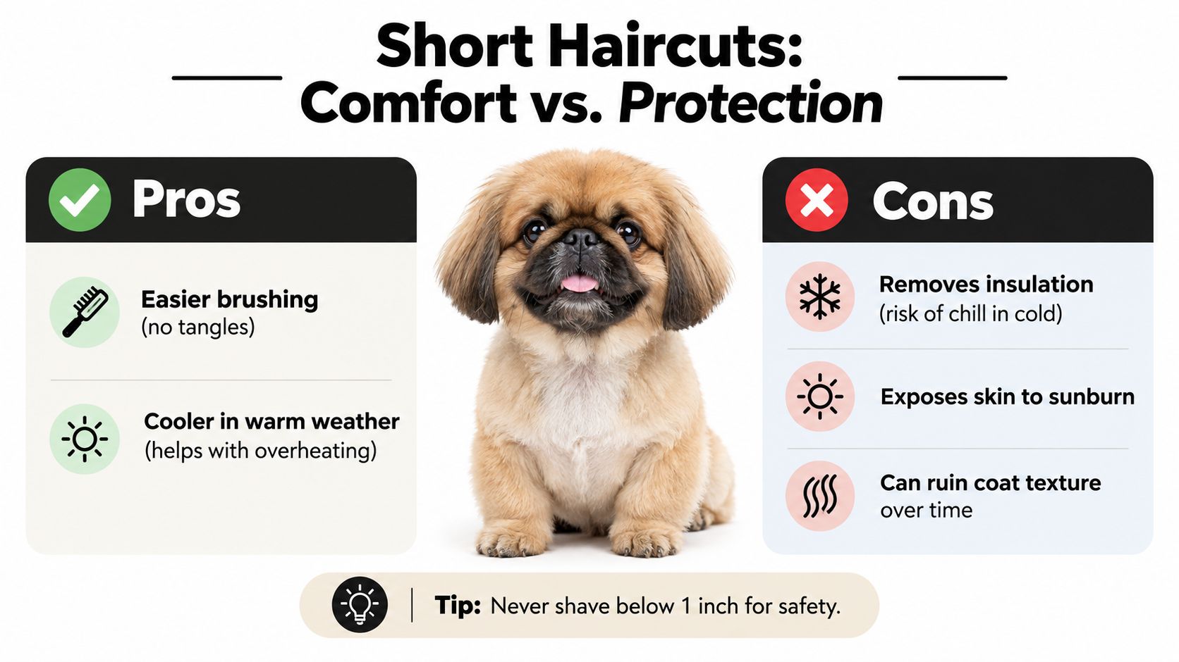 An infographic comparing the pros and cons of short haircuts for a fluffy dog breed.