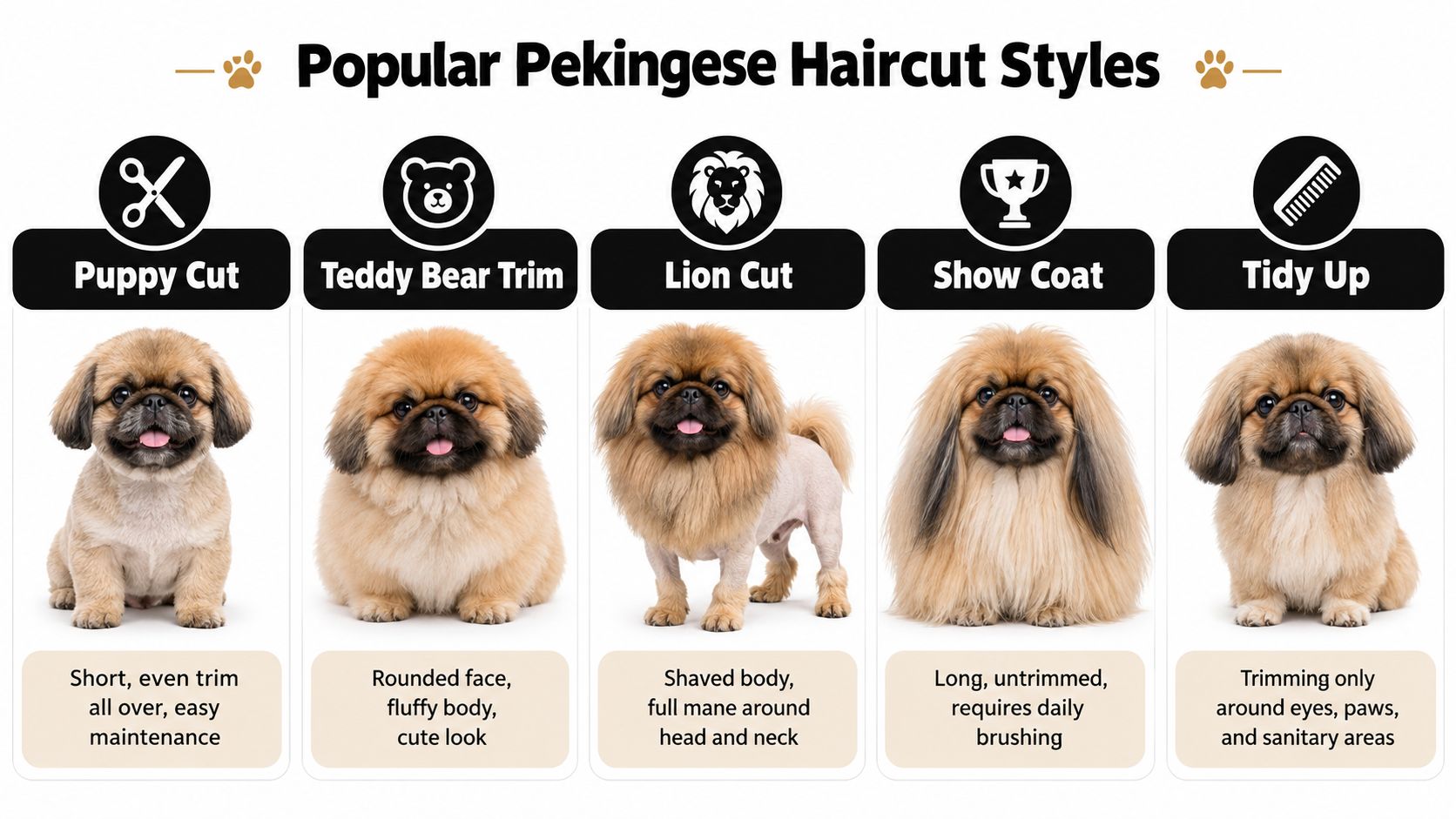 A visual guide showcasing five popular haircut styles for Pekingese dogs with labels and descriptions for each.