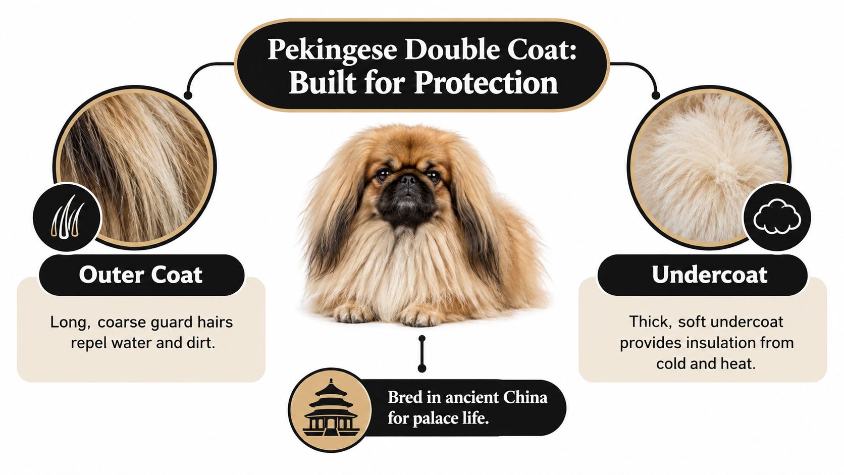 An infographic showing the Pekingese dog breed with a description of its double coat and historical origins.